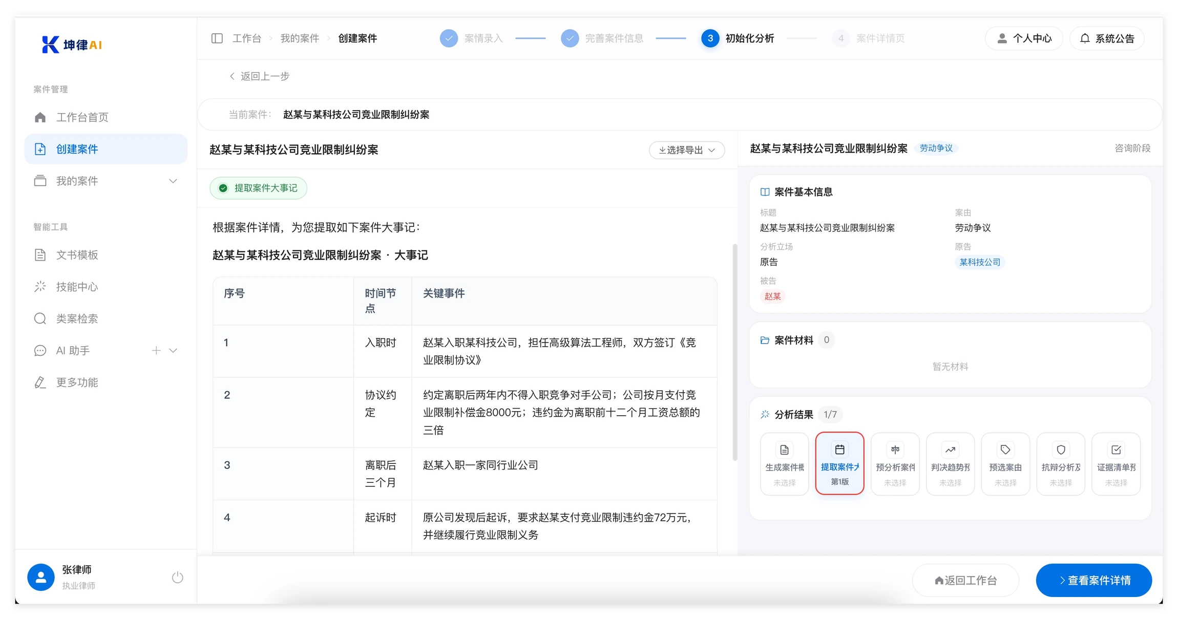 坤律AI 案件分析结果：提取案件大事记以时间线表格呈现，右栏列出案件基本信息与七个分析项的完成进度