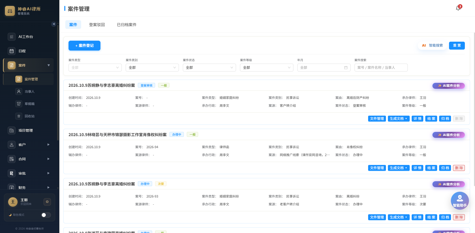 坤律OA 案件管理列表：按类型、类别、状态、等级筛选案件，逐条可发起 AI 案件分析